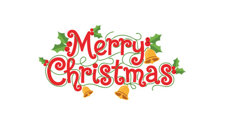 Festive Merry Christmas Graphic with Holly Berries and Bells for Holiday Cheer