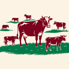 A perfect  herd of grazing cows in a lush pasture vector on light pink background.