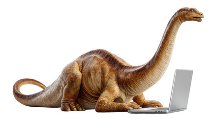 Obraz premium Dinosaur and Laptop: A whimsical scene presents a Brachiosaurus engrossed in a laptop, blurring the boundaries of time and technology with the past meeting the future.