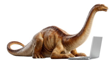Dinosaur and Laptop: A whimsical scene presents a Brachiosaurus engrossed in a laptop, blurring the boundaries of time and technology with the past meeting the future.