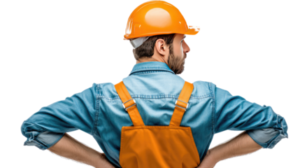  Construction Worker in Orange Overalls: A hardworking construction worker, stands confidently, ready for the day's task, against a neutral background.