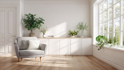 White living room with a comfortable armchair and houseplants.