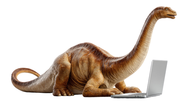 Dinosaur and Laptop: A whimsical scene presents a Brachiosaurus engrossed in a laptop, blurring the boundaries of time and technology with the past meeting the future.