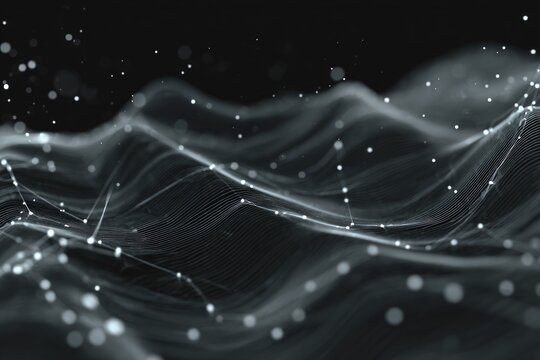 Minimal data flow map with subtle binary trails, fading in and out of a soft dark background