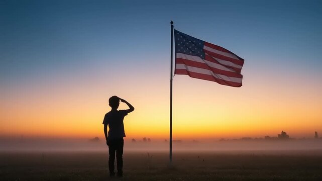 Child saluting the flag at sunrise