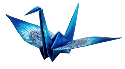 Blue Origami Crane: A captivating shot of an intricately folded blue origami crane, a symbol of peace, hope, and the art of paper folding, embodies simplicity and elegance.