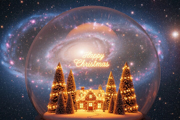 Merry Christmas Snow Globe with Cozy House – Sky Background