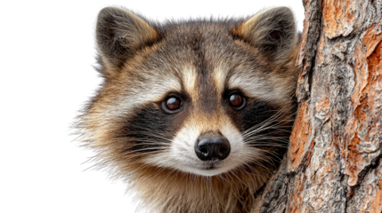 Curious Raccoon in Nature: A raccoon peeks out from behind a textured tree trunk, showcasing its distinctive bandit mask and inquisitive gaze, set against an outdoor backdrop.