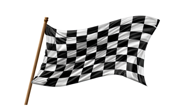 Checkered flag waving in the wind.  A black and white checkered flag, digitally rendered, billows with a slight curve, affixed to a wooden pole