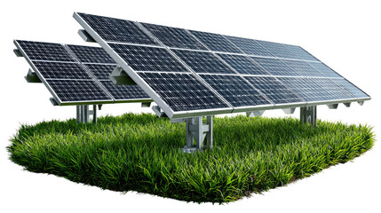 Harnessing Solar Power: Two solar panels stand tall on vibrant green grass, harvesting the boundless energy of the sun. A symbol of clean energy and innovation in a sustainable future.