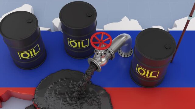 Animation of the concept of economic sanctions against Russian oil. The pipe from which oil is poured onto the map of Russia symbolizes the trade embargo and geopolitical crisis. 3D render.
