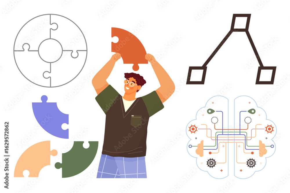 Poster man holding puzzle pieces with a diagram and brain network illustration. ideal for problem-solving, 