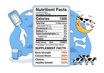 milk nutrition facts, nutrition facts label, supplement facts, milk label Nutrition facts. Design Illustration.	