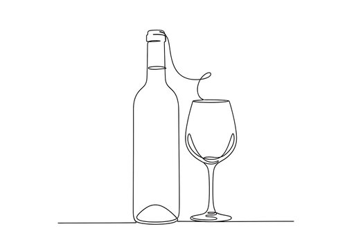wine bottle glass line continuous black one line drawing illustration .	