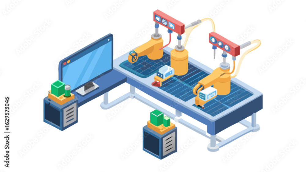 Poster isometric automated assembly line manufacturing process with robotic arms and computer control syste