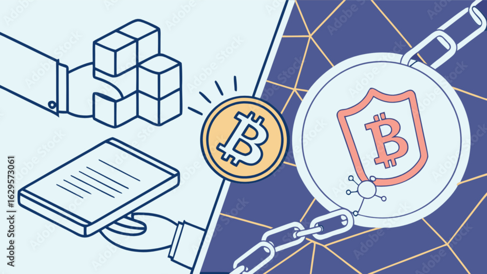 Poster bitcoin blockchain technology security and cryptocurrency digital transaction ledger illustration