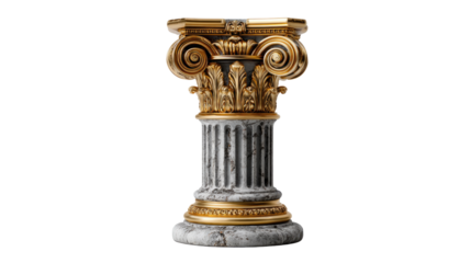 Ancient Elegance: A detailed close-up of an elaborately carved, aged-looking Corinthian column, boasting opulent gold accents and intricate details against a pure backdrop.