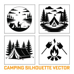 Black and White Camping Silhouette Vector Collection
