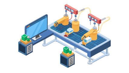 Obraz premium Isometric automated assembly line manufacturing process with robotic arms and computer control system