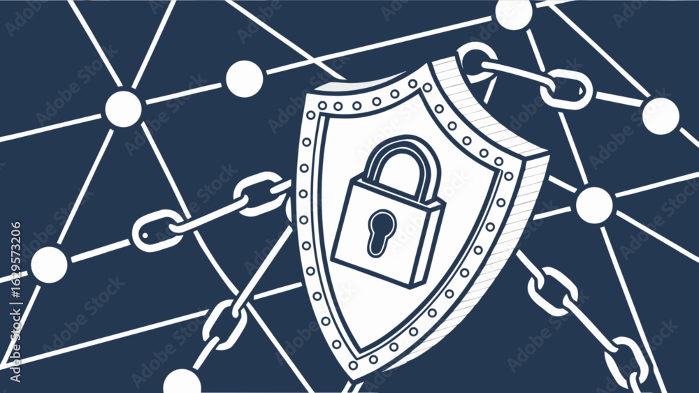 Poster blockchain security network with shield and padlock for data protection and cybersecurity concept de