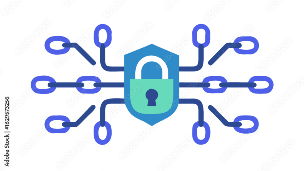 Poster blockchain security lock shield for secure digital network protection and data privacy illustration