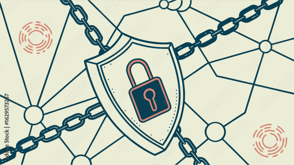 Poster cybersecurity shield with padlock and chains for network security protection concept vector illustra