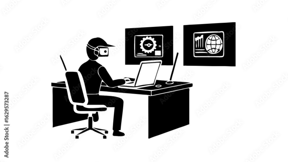 Aufkleber virtual reality developer working on laptop with vr headset and data analytics dashboard design