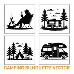 Black and White Camping Silhouette Vector Collection