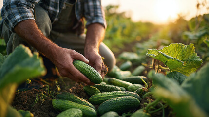 Farmer harvesting ripe cucumbers in a field at dawn. Fresh, organic produce grown locally. Sustainable agriculture at its finest. Abundant harvest season.