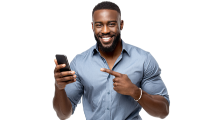 Smiling Man with Smartphone: A confident man with a warm smile holds a smartphone, pointing towards it with genuine enthusiasm. It's a dynamic image representing connection and communication.