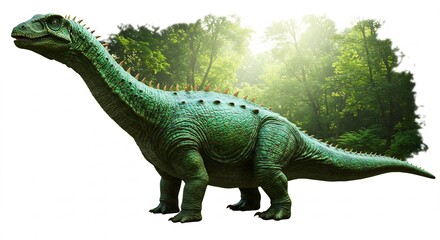 Fototapeta premium Dinosaure vert majestueux soleil matinal foret luxuriante. AI Generated