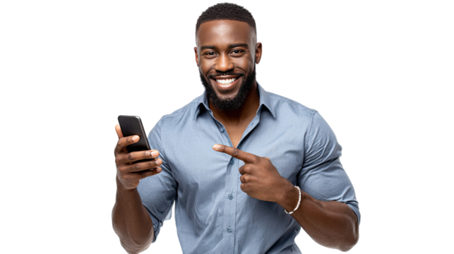 Smiling Man with Smartphone: A confident man with a warm smile holds a smartphone, pointing towards it with genuine enthusiasm. It's a dynamic image representing connection and communication.