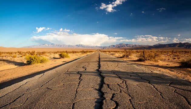 a desolate cracked road stretches through a barren desert landscape under a vast sky sunlit journey