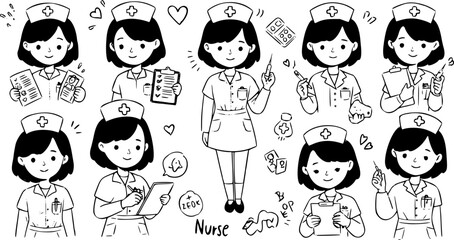 Black and white cartoon illustrations of cheerful female nurses in various poses, wearing uniforms and caps, holding medical instruments like syringes, clipboards, and charts, on a white background.