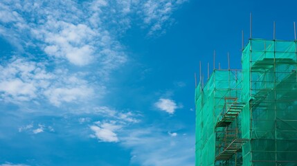 Scaffolding covered in green netting under a bright sun with a clear blue sky, providing an ideal backdrop for construction activity