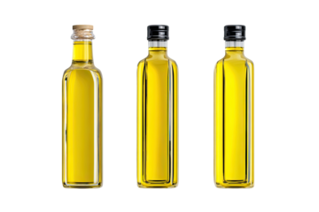 Three clear glass oil bottles, filled with golden liquid, displayed vertically.  Each bottle features a different colored cap