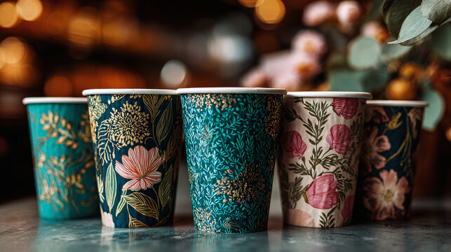 Floral Paper Cups: A row of elegantly designed paper cups with vibrant floral patterns set against a warmly lit, blurred background.