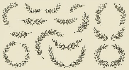 Rustic HandDrawn Laurel Wreath and Botanical Branch Collection for Elegant Design.