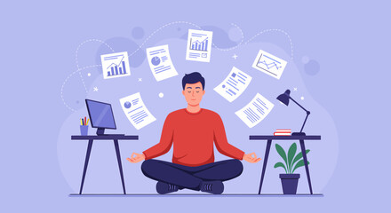 Serene Man Meditating in Red Shirt CrossLegged Amidst Floating Business Documents.