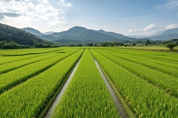 Expansive vibrant green rice fields under clear blue sky on a sunny day