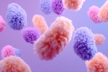 A floating, close up view of colorful, soft, fluffy, round organisms in the air against a light purple background, in the style of product photography.