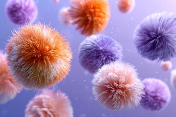 A floating, close up view of colorful, soft, fluffy, round organisms in the air against a light purple background, in the style of product photography.