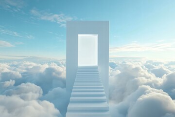 Stairway to a glowing doorway, surrounded by clouds, against a clear blue sky symbolizing opportunity, transition and a bright future.
