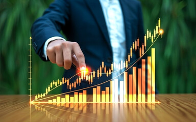 Man in dark suit touches glowing holographic financial chart with rising golden lines business finance