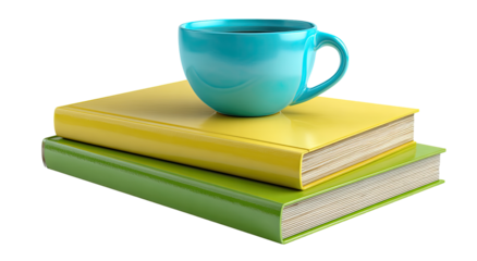 Teal mug atop two brightly colored books