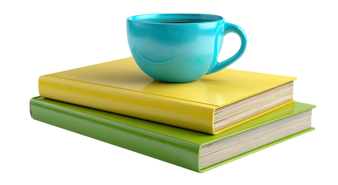 Teal mug atop two brightly colored books