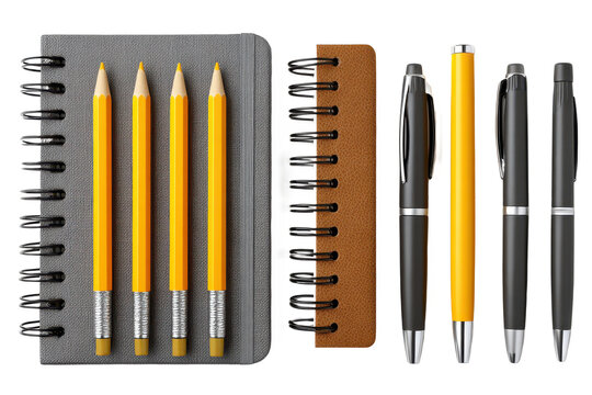 A collection of notebooks, pencils, and pens arranged neatly, showcasing writing instruments and stationery essentials.