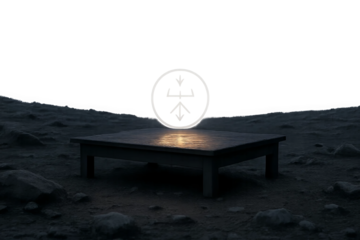 Dark wooden deck with ancient rune symbol glowing in moonlight on rocky terrain, concept of hidden magical rituals