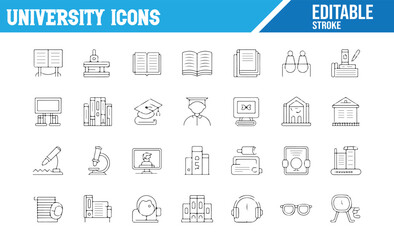 University Icons Collection with Books, Graduation Cap, and Online Education Symbols – Editable Stroke Line Art