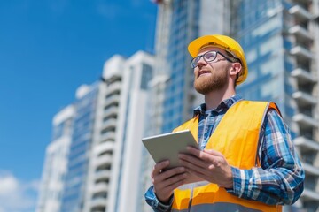 Young builder uses digital tablet for site management under clear sunny sky at urban construction location